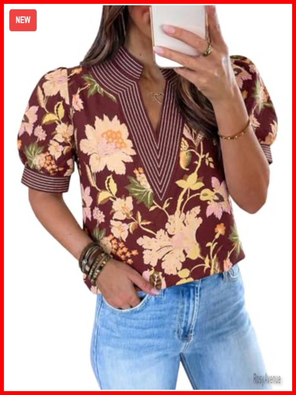Women's Puff Sleeve V-Neck Blouse - 100% Polyester Loose Fit Casual Top